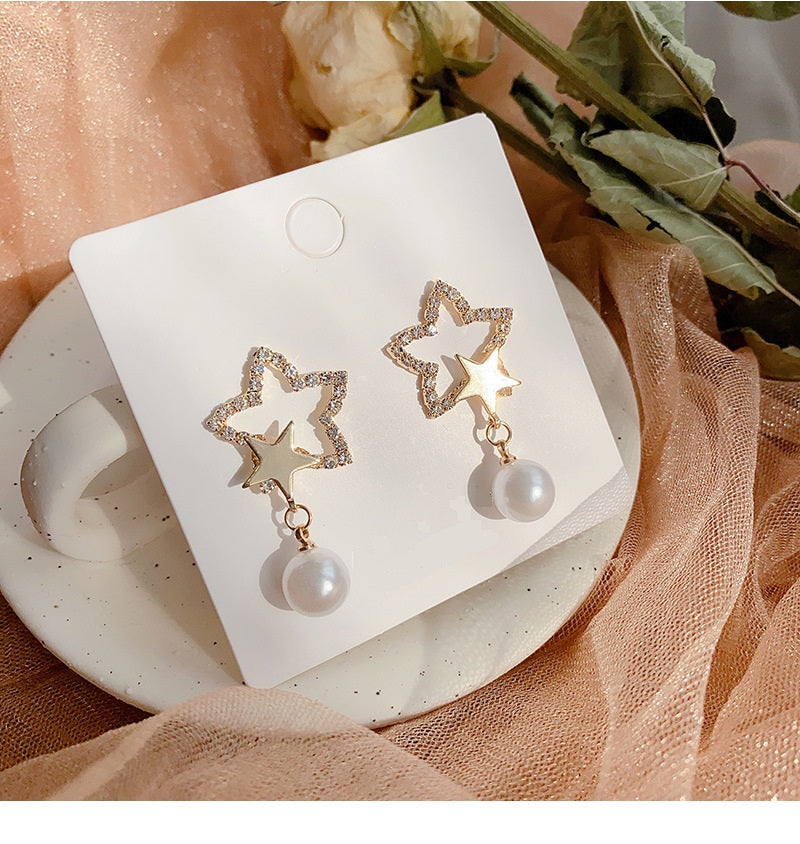 Korean jewelry designer imitation pearl star earrings for women