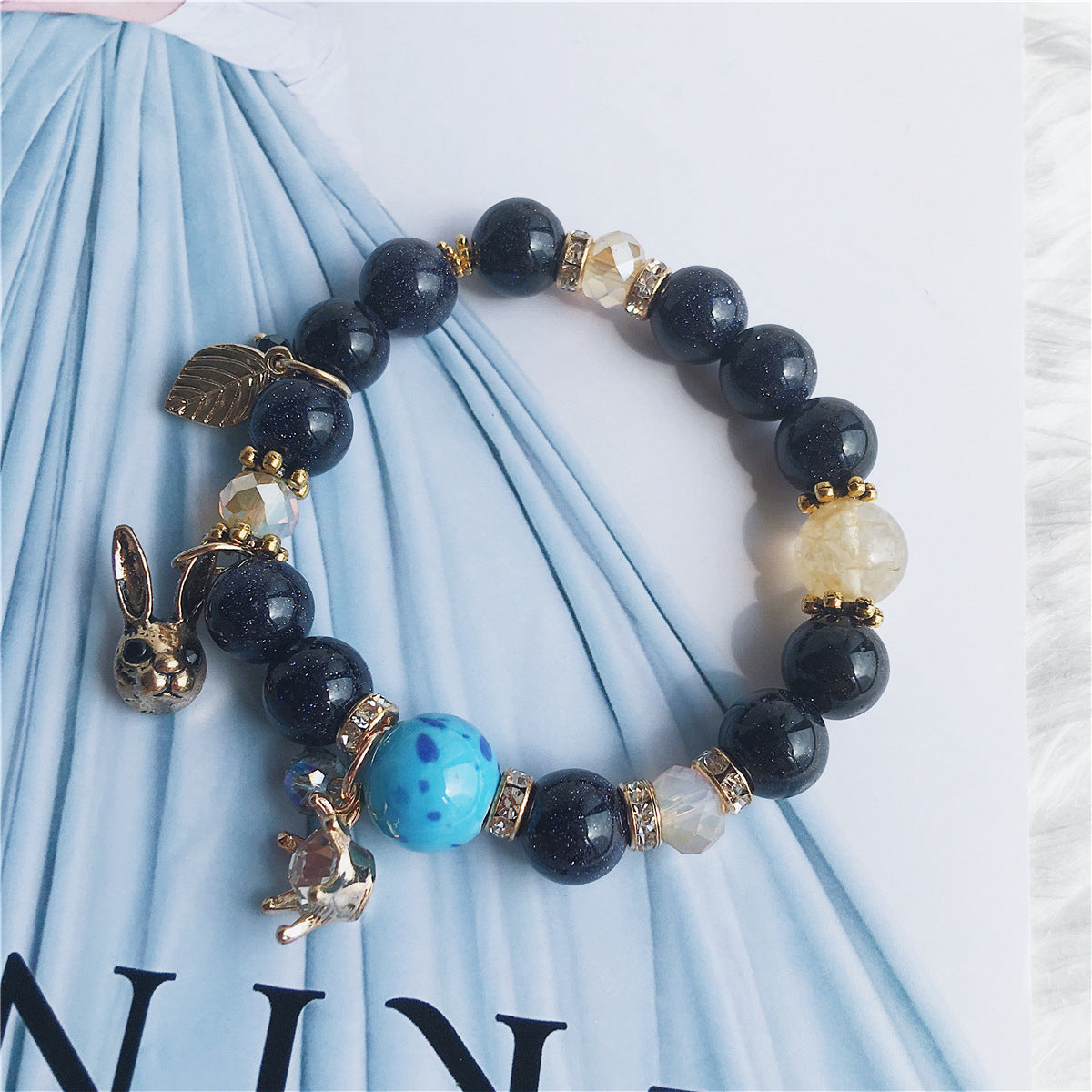 Bohemian Bracelets for Women Girls Stretch Slip-on Multi Layer Blue Sandstone Crystal beaded
