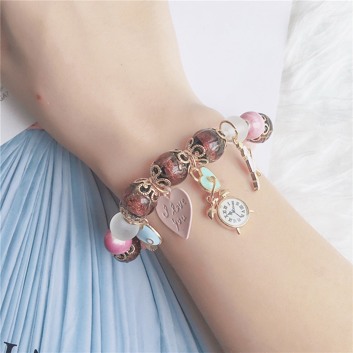 Bohemian Bracelets for Women Girls Stretch Slip-on Multicolor Heart, clock charm Crystal Beaded