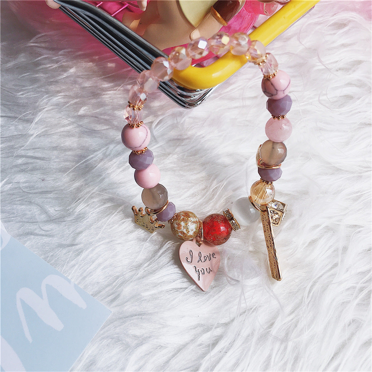 Bohemian Bracelets for Women Girls Stretch Slip-on Crown Heart Pink Crystal beaded