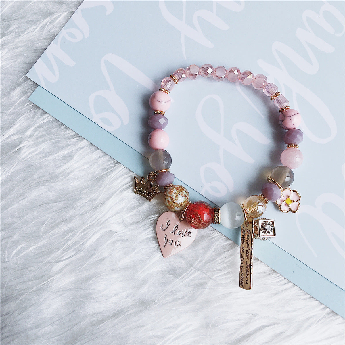 Bohemian Bracelets for Women Girls Stretch Slip-on Crown Heart Pink Crystal beaded