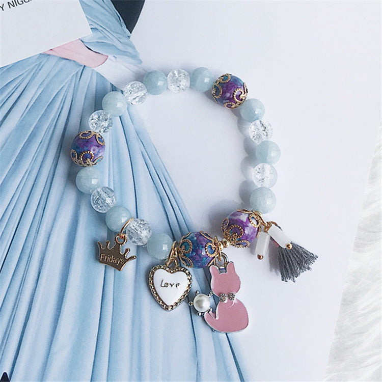 Bohemian Bracelets for Women Girls Stretch Slip-on Cat Crown Tassel Crystal beaded