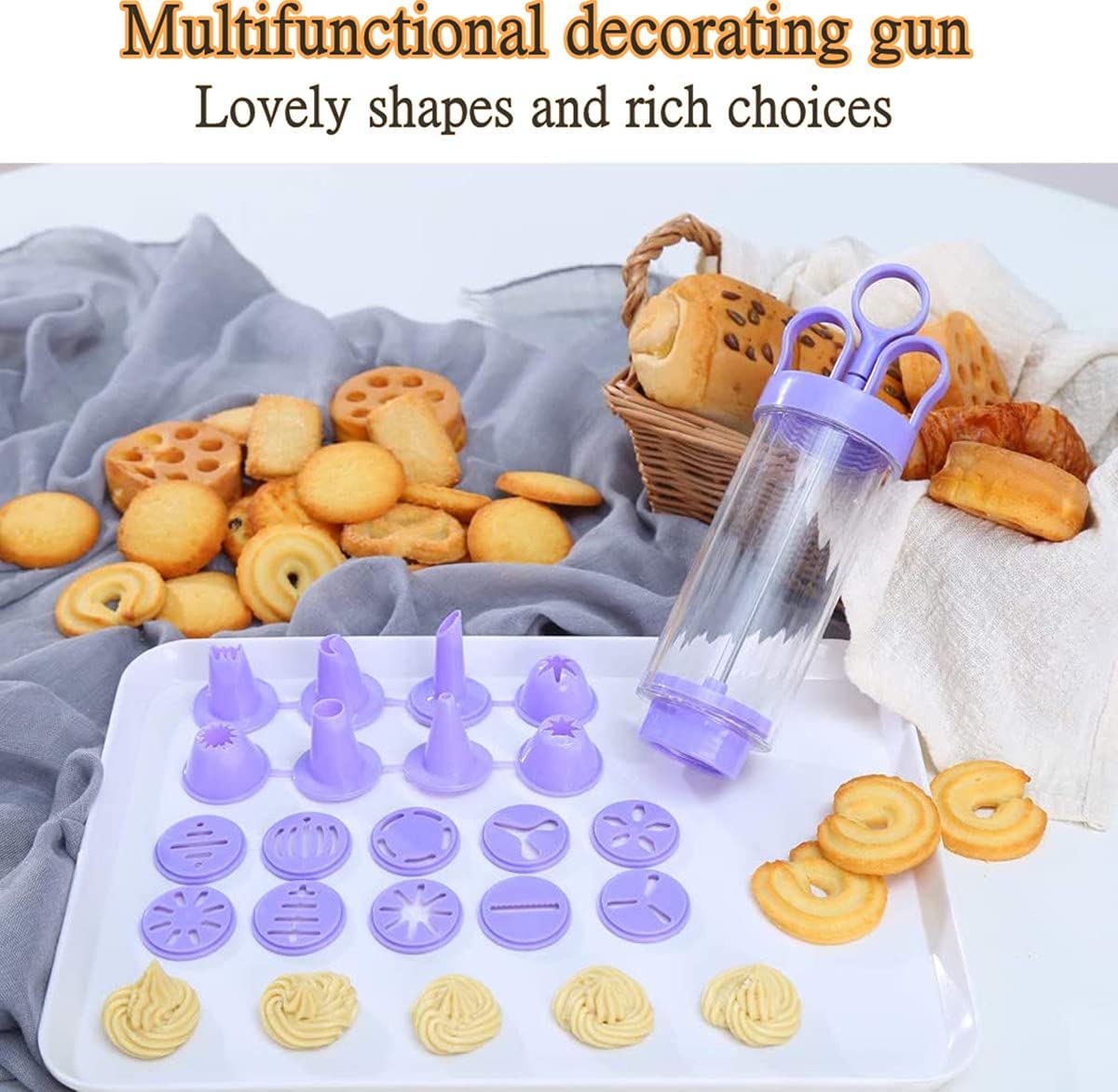 Transparent multi-function cookie pressure spray gun kit with 10 discs and 8 icing tips, perfect for DIY cookie making and cake frosting decoration