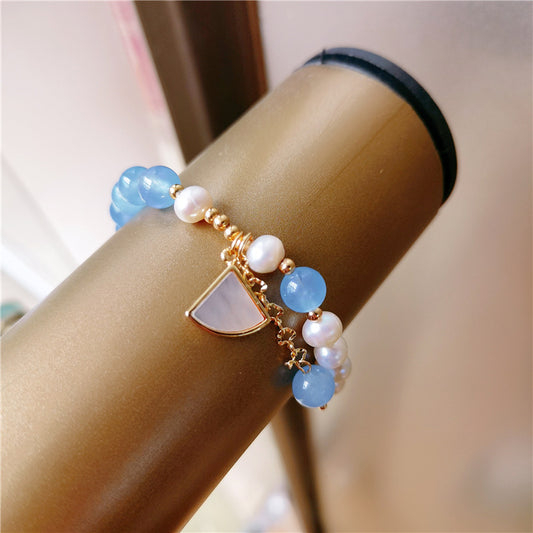 Bohemian Bracelets for Women Girls Stretch Slip-on Fresh Pearl Blue Crystal beaded