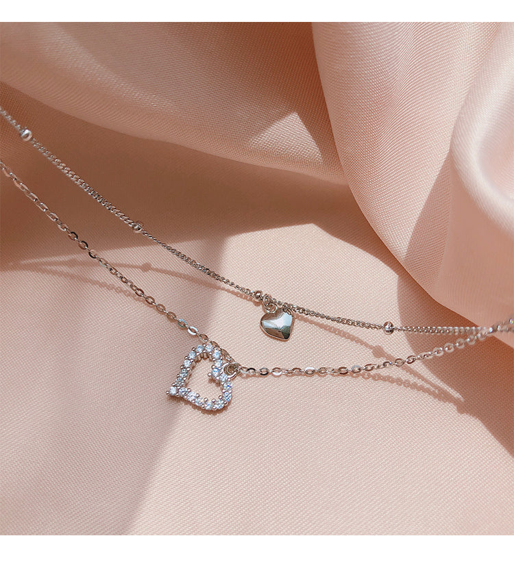S925 Sterling Silver Double Layer Heart Pendant Necklace